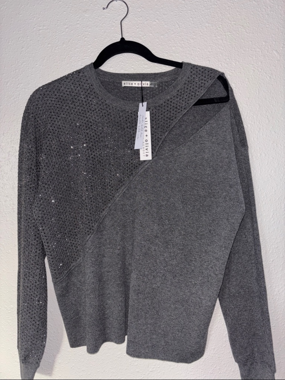 Alice + Olivia Gray Embellished Diagonal Crewneck Sweater
